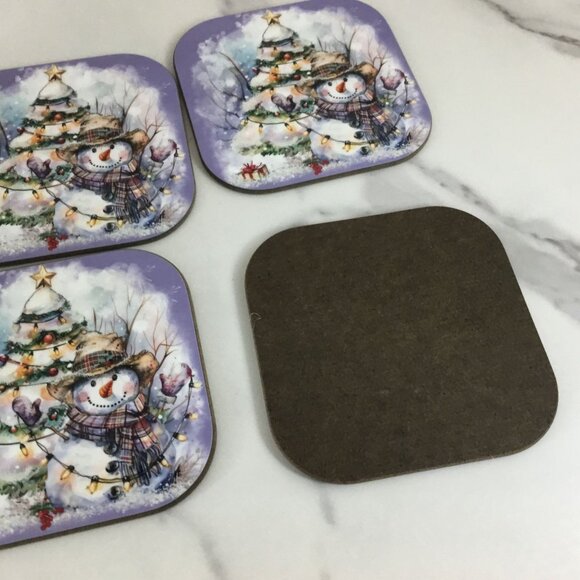 Rustic Snowman with Christmas Tree Hardboard Coasters Set of 4 - Picture 7 of 8